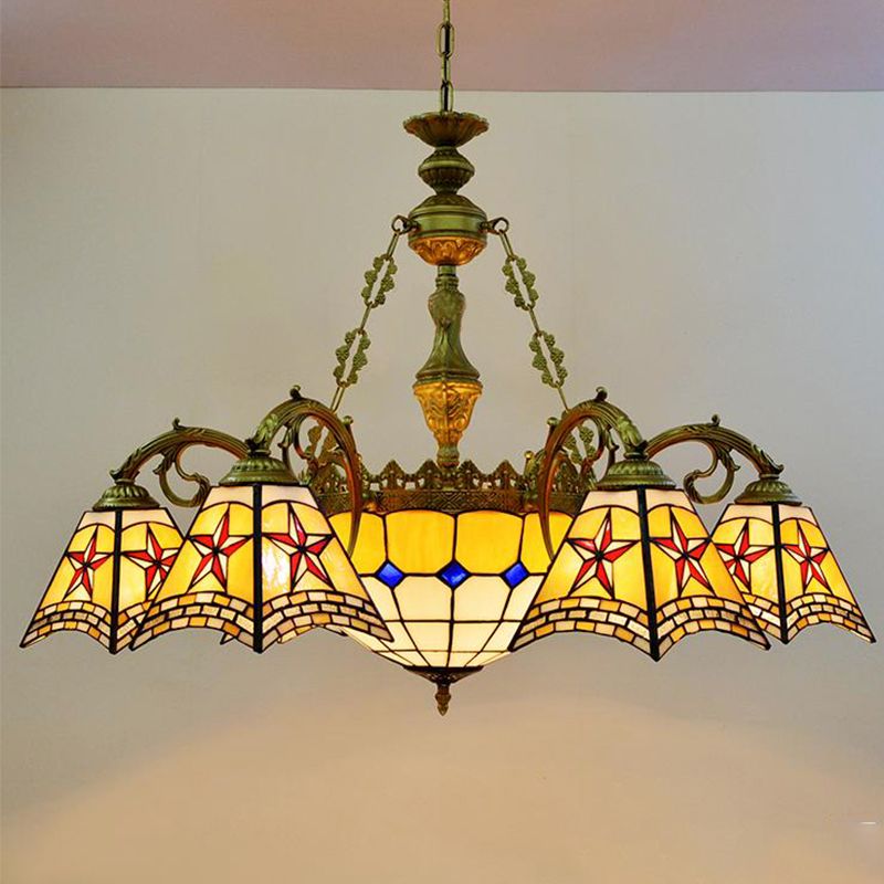 Tiffany Antique Craftsman Chandelier Stained Glass Yellow Pendant Light with Centre Bowl for Hotel