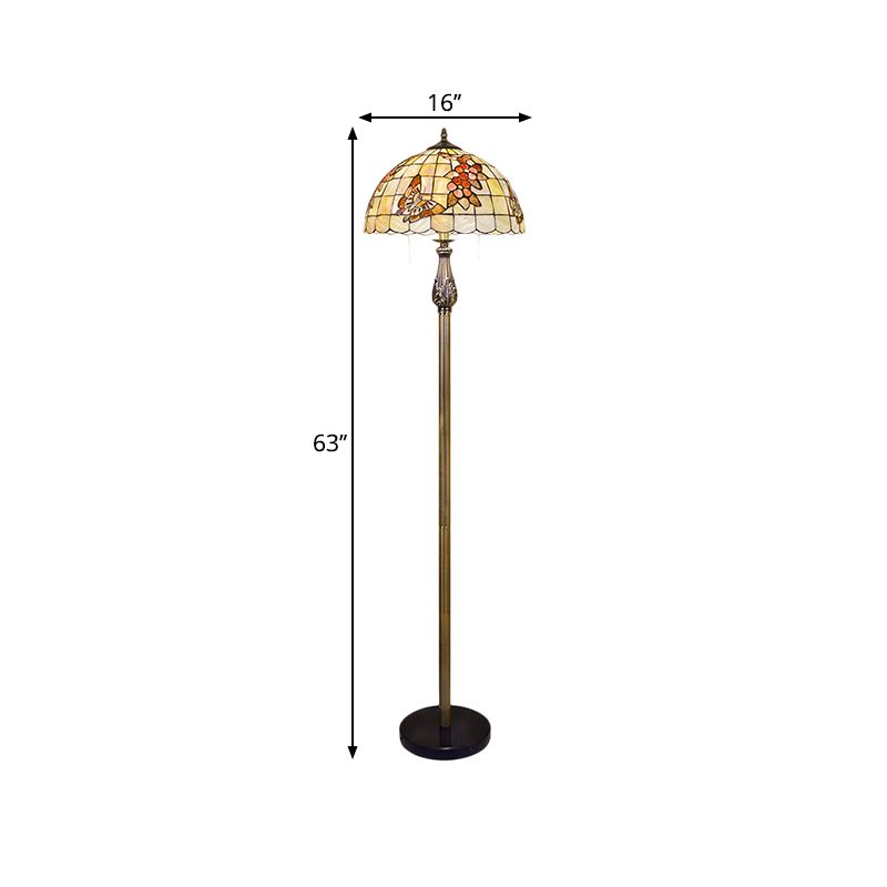 2 Heads Floor Reading Lamp Tiffany Scalloped Dome Shell Butterfly and Flower Patterned Floor Lighting in White