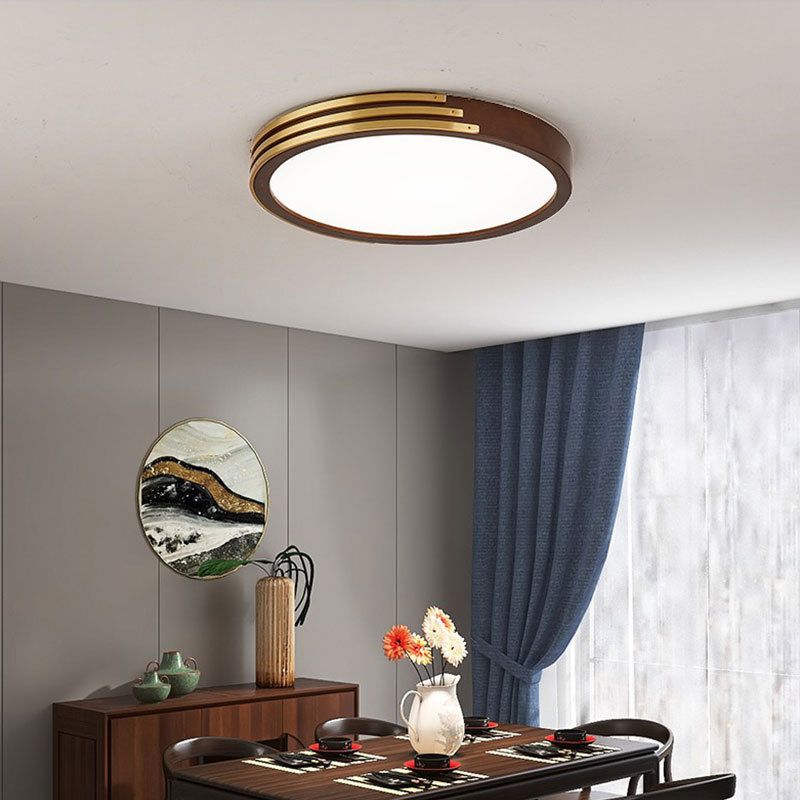 1-Light Round Flush Mount Modern Wood Flush Light in Brown for Bedroom