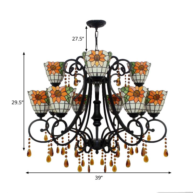 Lodge Bowl Chandelier Verre tachée 11 lumières Chandelier décoratif inversé avec cristal en orange