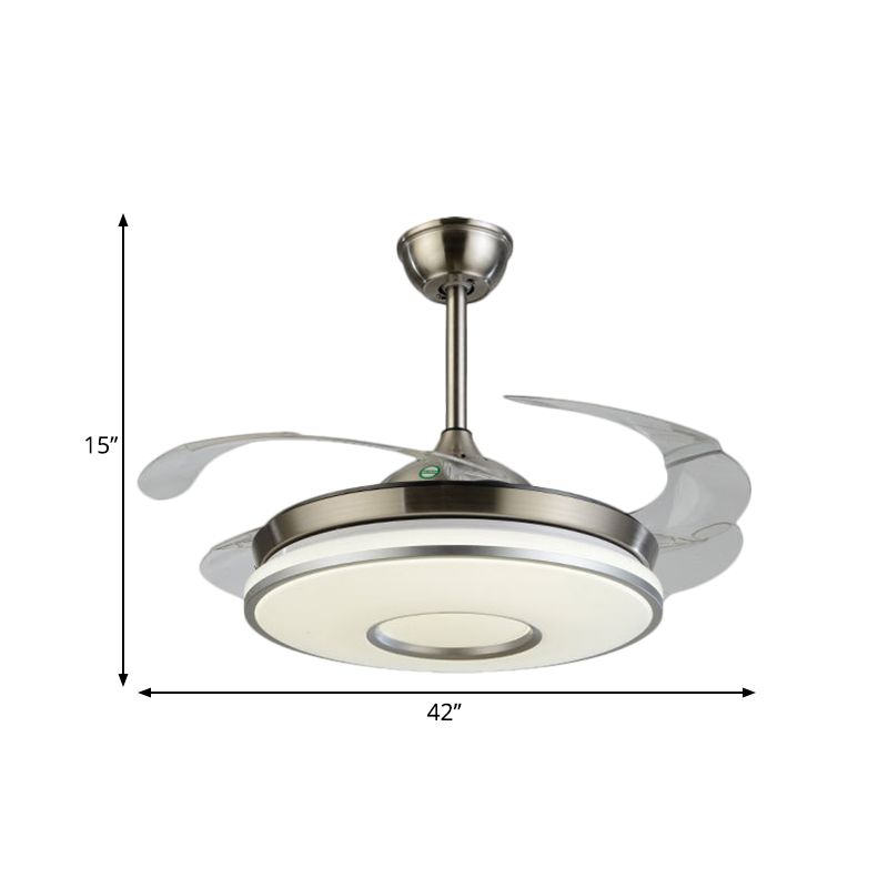 Silver Round Panel Ceiling Fan Lamp Simplicity LED Acrylic Semi Flush Mount Lighting with 4 Blades, 42" W