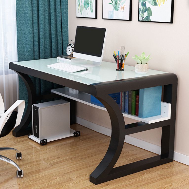 Contemporary Glass Top Office Desk Rectangular Writing Desk with Metal Legs