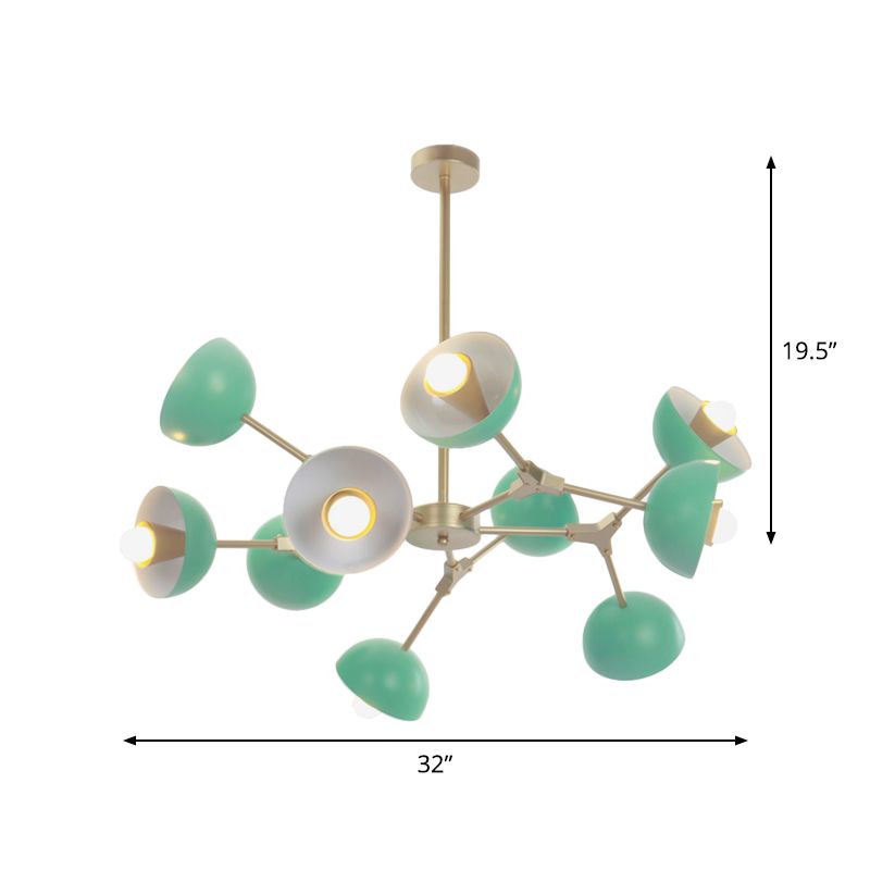 Iron Hemisphere Shade Chandelier 10 Lights Modern Pendant Light in Green for Restaurant