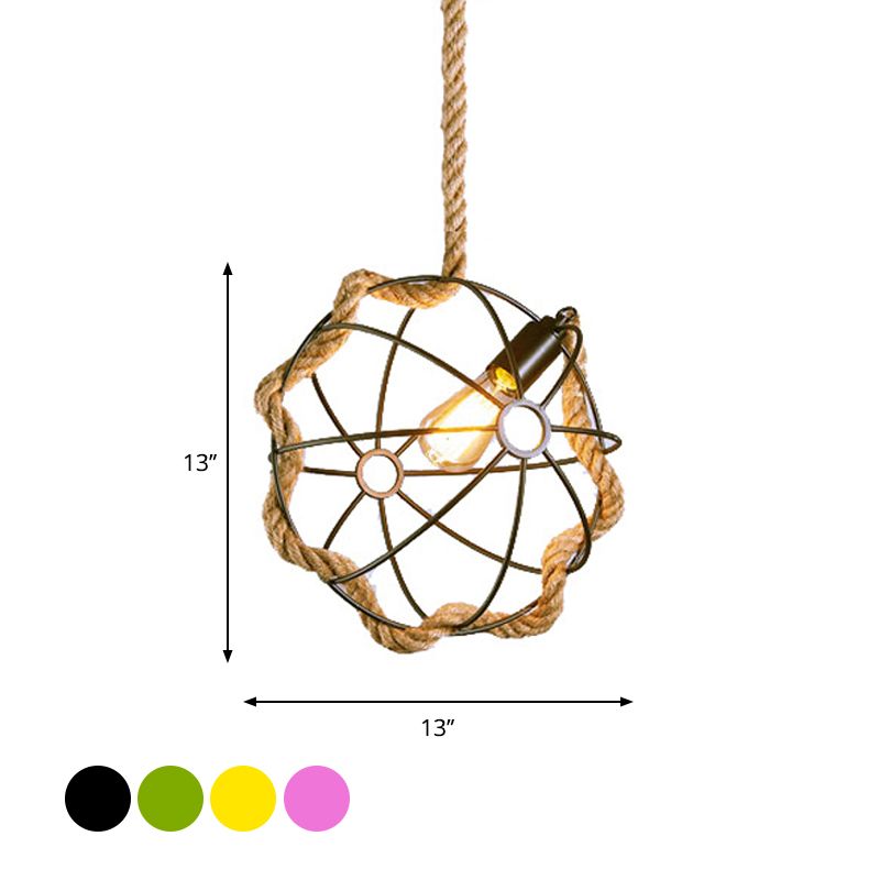 1-Light Metal Pendant Lamp Industrial Black/Pink/Green Globe Cage Restaurant Down Lighting with Rope Cord