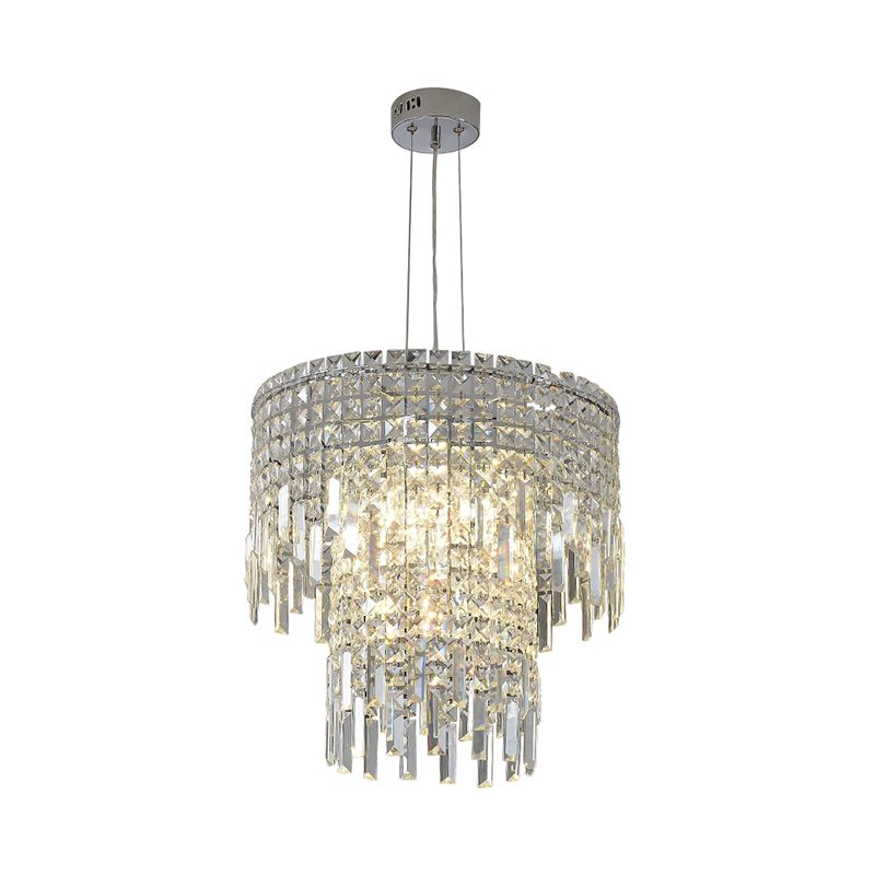 Clear Rectangular-Cut Crystal Tiered Hanging Lamp Modern 4 Lights Silver Chandelier Light