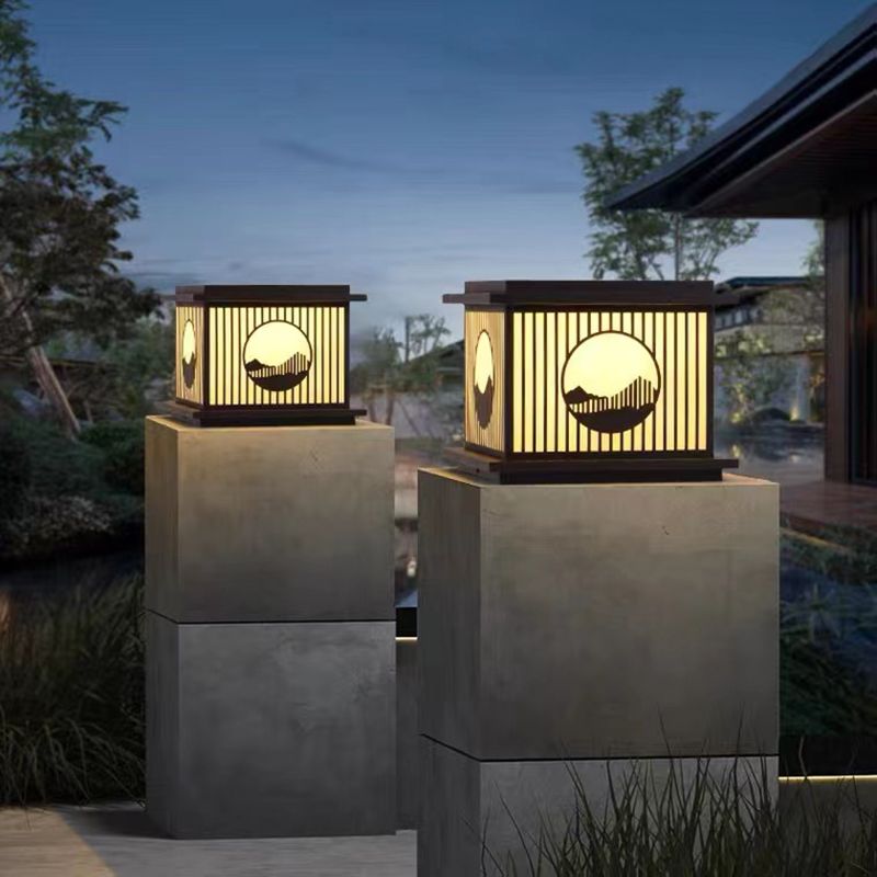 Metal Square Shape Outdoor Lights Modern Style 1 Light Solar Pillar Lamp in Black