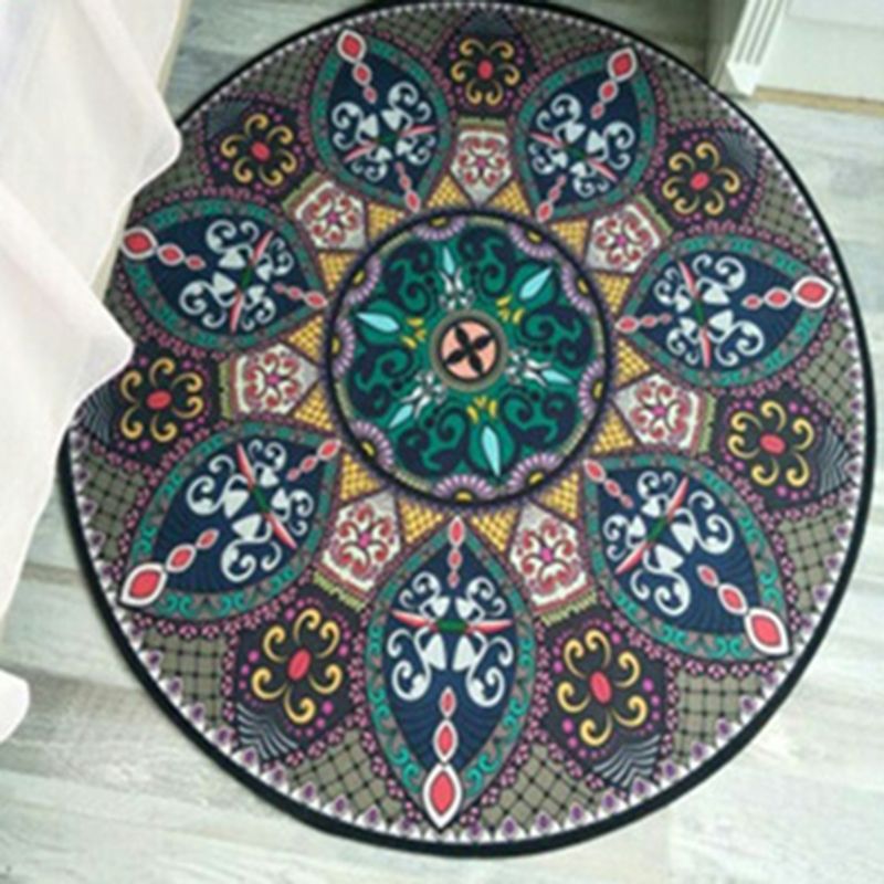 Round Multicolor Antique Area Carpet Polyester Floral Printing Rug Easy Care Carpet for Living Room