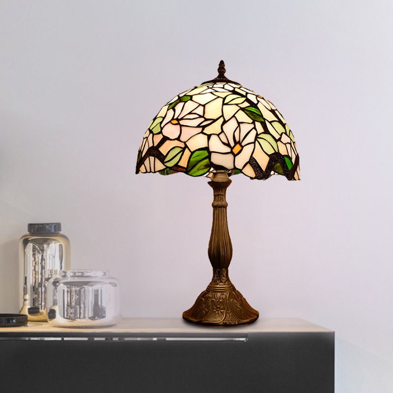 Domed Nightstand Light 1-Bulb Stained Art Glass Baroque Blossom Patterned Night Lighting in Red/Beige/Green