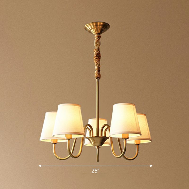 Curvy Arm Metal Chandelier Minimalistic Living Room Pendant Light in Brass with Cone Fabric Shade