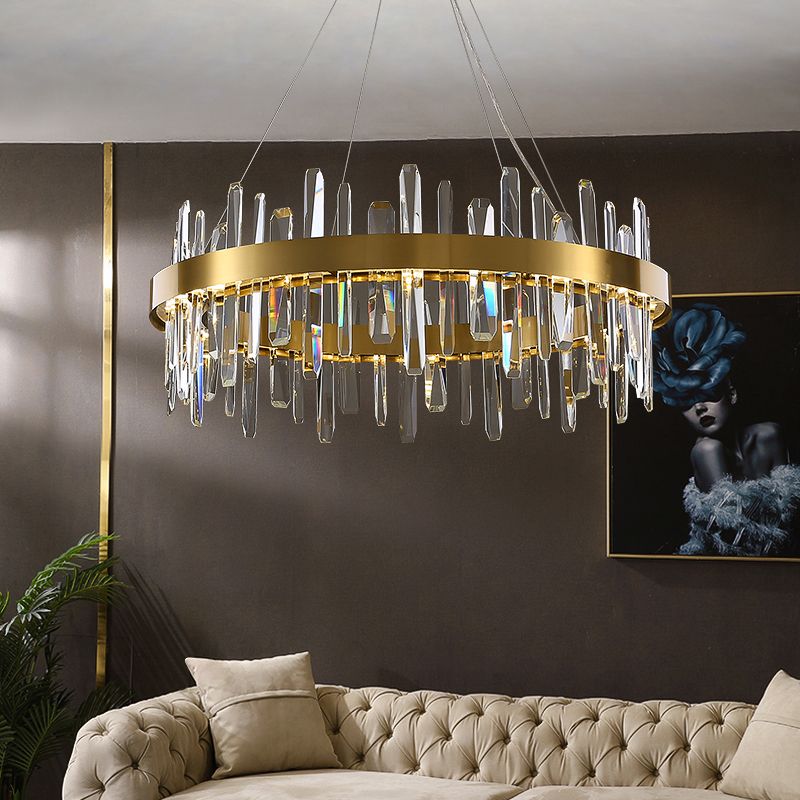 Stainless Steel Loop Shaped Pendant Lamp Postmodern Gold Finish LED Chandelier with Crystal Icicles