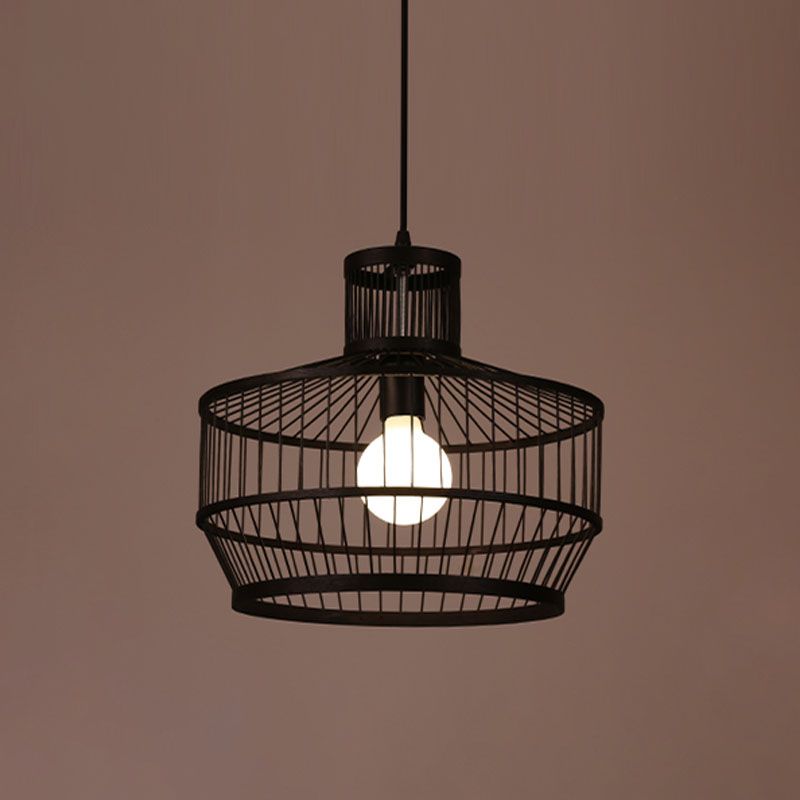 Bamboo Cage Style Pendant Lighting Chinese 1-Light Black Ceiling Suspension Lamp