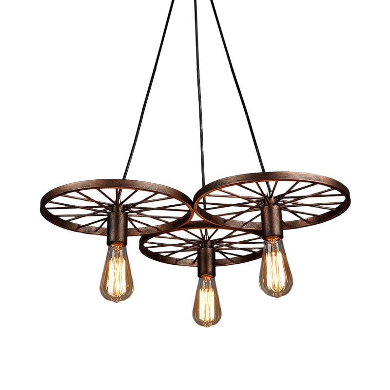 Rust Wheel Chandelier Lamp Industrial Wrought Iron 3/6-Head Dining Room Suspension Pendant