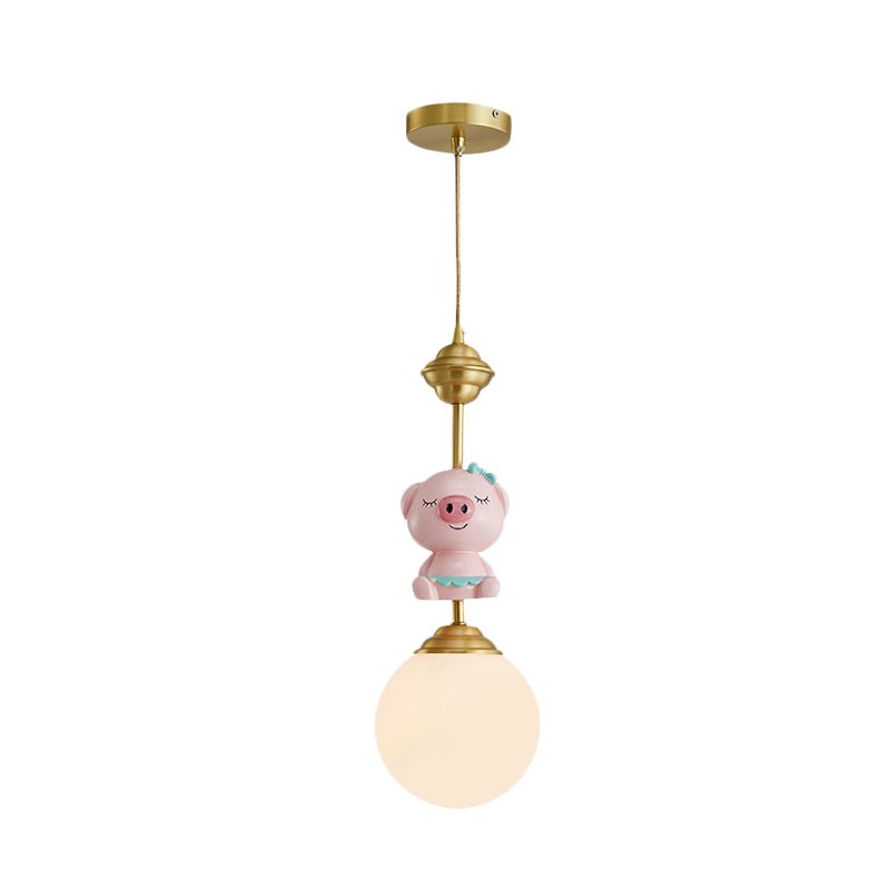 Resin Pig/Chicken/Snake Pendant Cartoon 1 Light Gold Hanging Light Fixture with Spherical Opal Glass Shade