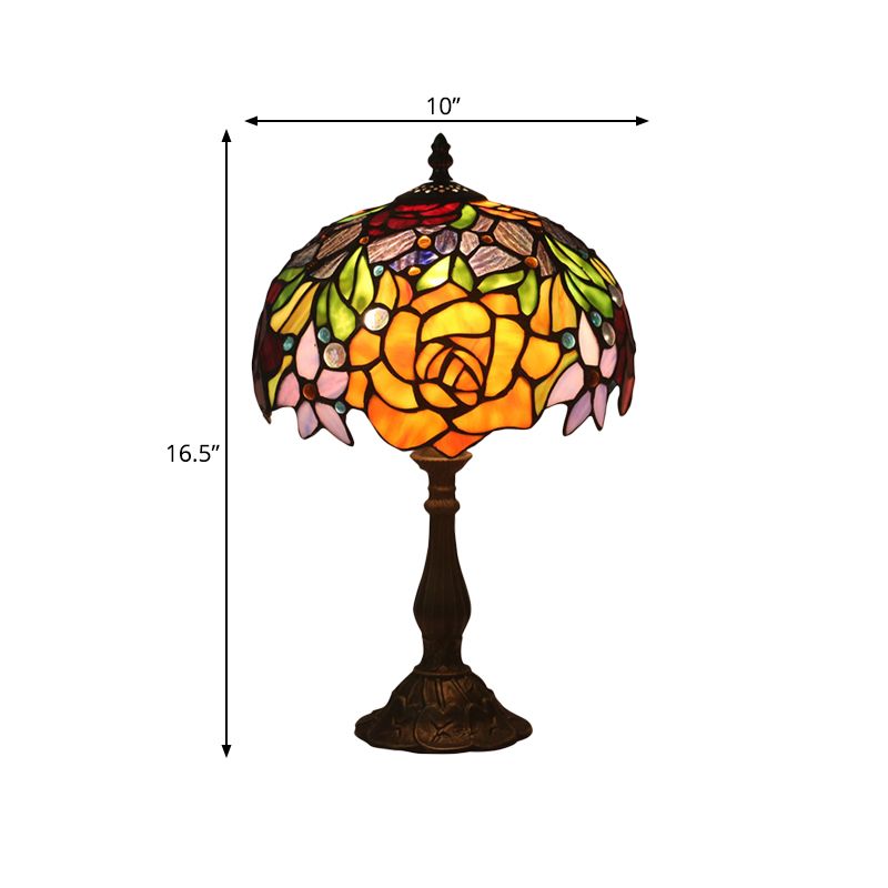 Stained Glass Bronze Night Light Rose 1 Light Baroque Style Table Lighting with Bowl Shade for Bedroom