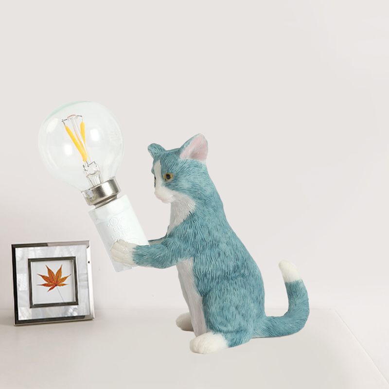 Tabby Cat Holder Table Lamp Kids Iron 1 Bulb Black/Yellow/Blue Nightstand Light with Bare Bulb Design