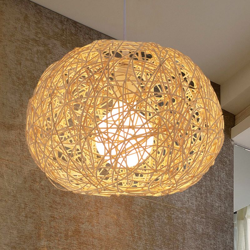 Brown/Ivory Bird‘s Nest Hanging Light Farmhouse Rattan Single Pendant Lamp over Table