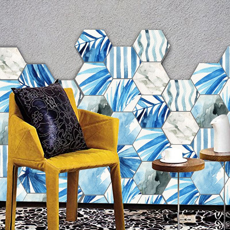 Palm Leaves Peel Off Wallpaper Panel Blue-White Tropical Wall Decor for Living Room