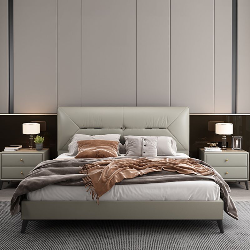 Contemporary Leather Standard Bed, Grey Upholstered Headboard Bed