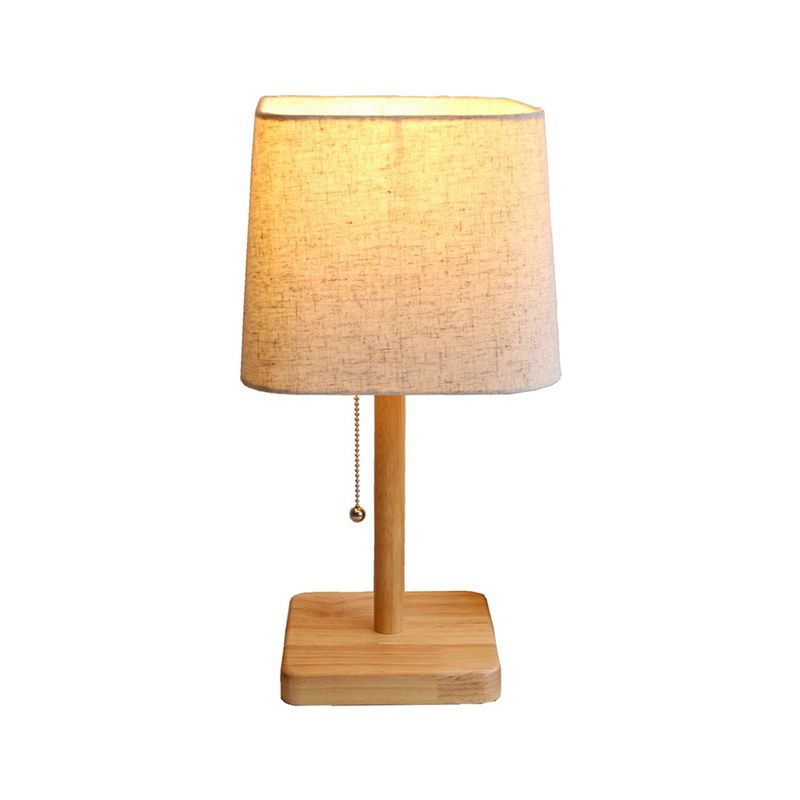 1-Light Bedroom Pull Chain Table Light Nordic Wood Nightstand Lamp with Square Fabric Shade