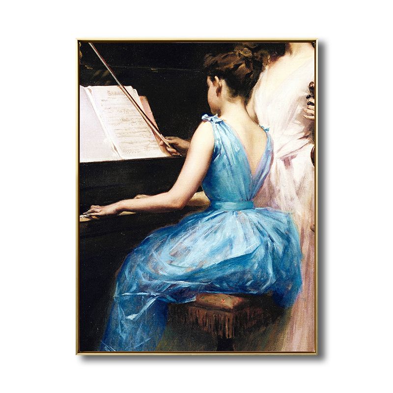 Vintage Musical Canvas Print Girl Playing the Piano Blue Wall Decor for Bedroom, Multiple Sizes