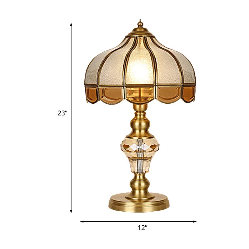 1 Bulb Night Lighting Colonial Scalloped Opal Glass Nightstand Lamp in Gold with Clear Crystal Drop