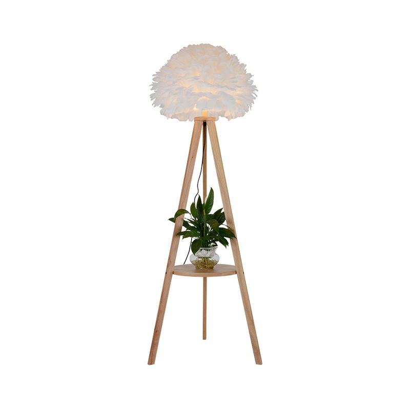 Wood Shelf Floor Lamp Nordic 1 Bulb Tripod Standing Floor Light with Dome Feather Shade in Grey/White