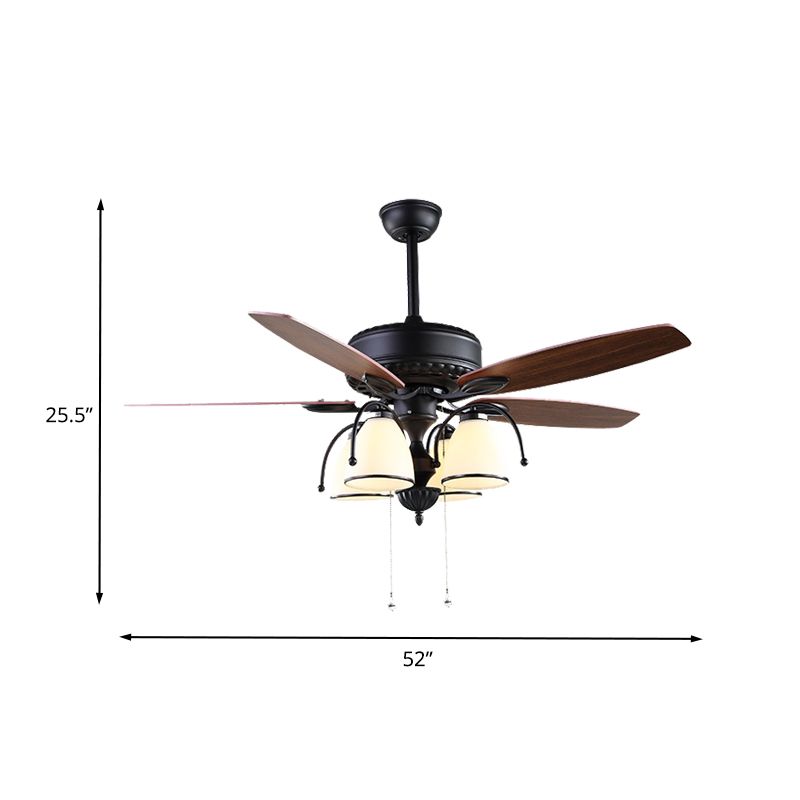 52 "W 4 Lichten Cup Shape Hangventilator Licht Traditionele zwarte crème Glas omhoog/omlaag Semi -spoellamp met 5 bruine messen, algemene/frequentieconversie