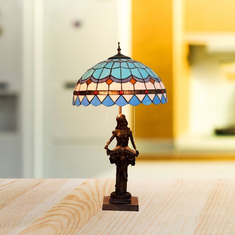 Tiffany-Style Girl Studying Table Light 2 Bulbs Resin Pull-Chain Night Lamp with Grain/Grid/Floral Beige/Blue-White/Blue-Brown Glass Shade