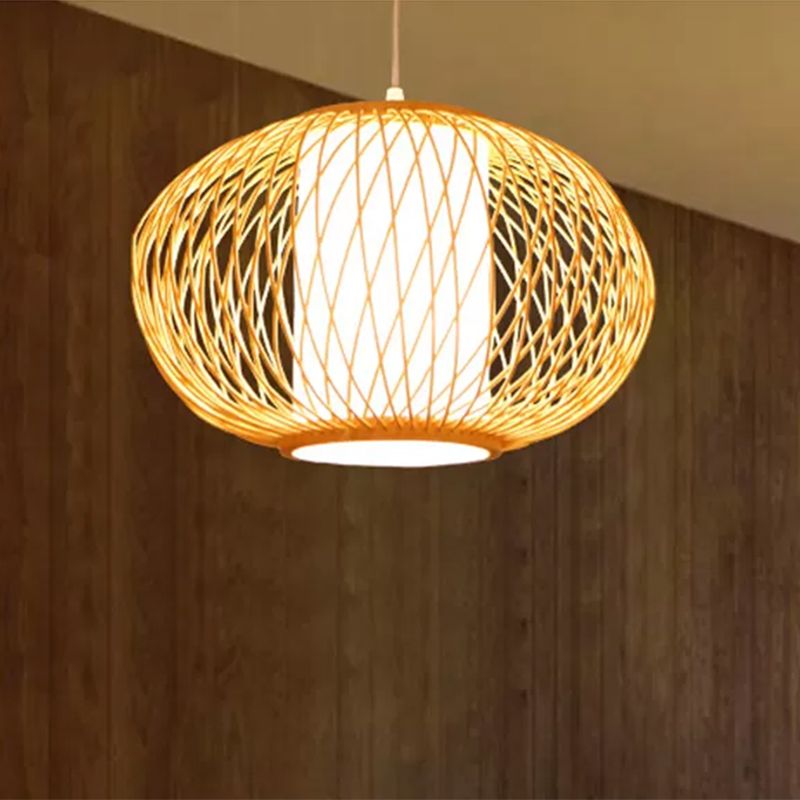 Éclairage suspendu à la main beige avec modernisme à tambour 10 "/ 16" W 1 lampe de plafond en bambou pour salle à manger