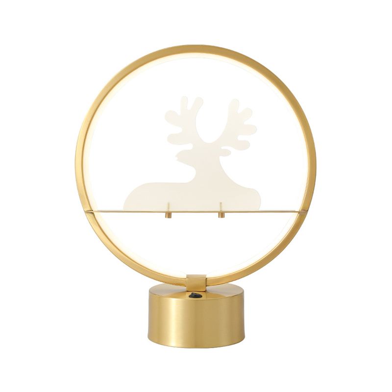 Gold Round Table Lamp Contemporary LED Metallic Nightstand Light with Elk Detail Inside