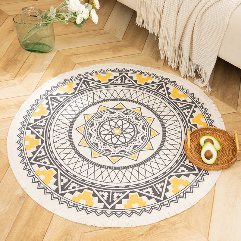 Individuality Moroccan Rug with Fringe Multicolored Round Carpet Cotton Blend Rug for Home Decor