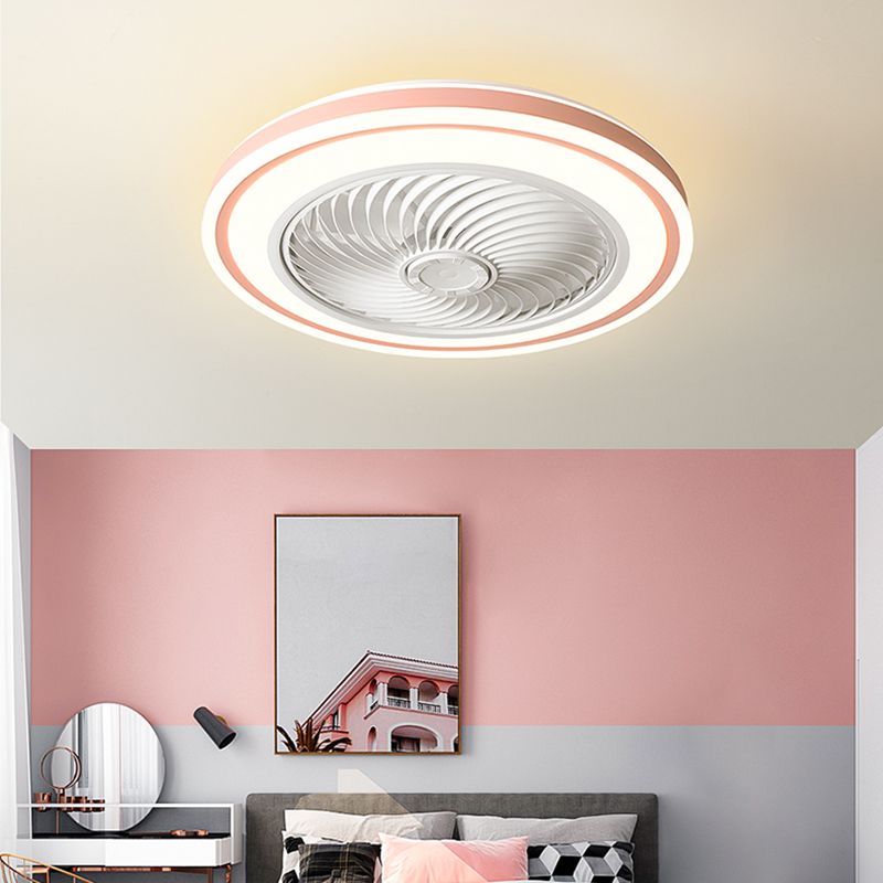 Remote Control Round Ceiling Fan Light Fixture Macaron Metal LED Semi Flush Mount Lamp for Bedroom