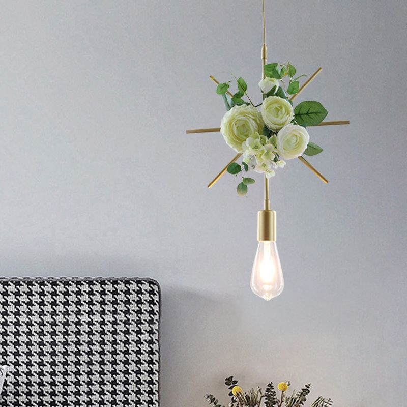 Farmhouse Fake Floral Ceiling Lamp 1 Light Metallic Pendant Light in Green with Triangle/Square/Linear Frame