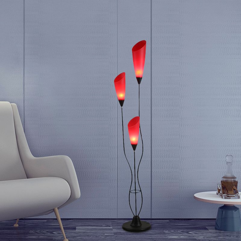 Torchiere Floor Reading Lamp Macaron Metallic 3 Heads Living Room Standing Light in Red