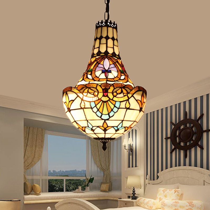 Domed Chandelier Pendant Light Tiffany Stained Glass Multi-Color Pendant Chandelier