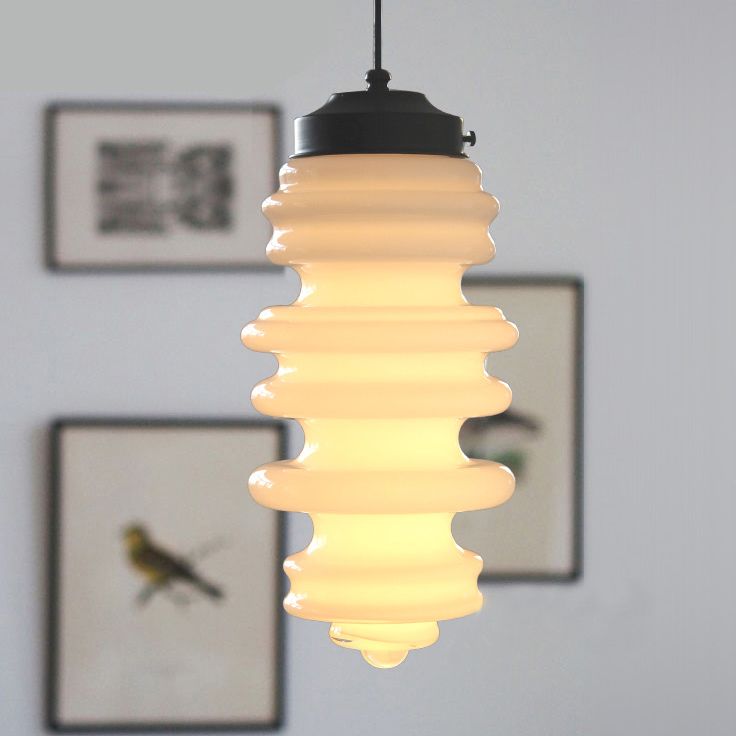 Contemporary 1 Light Pendant Light with White/Amber/Smoke Glass Shade Black Ribbed Hanging Ceiling Lamp