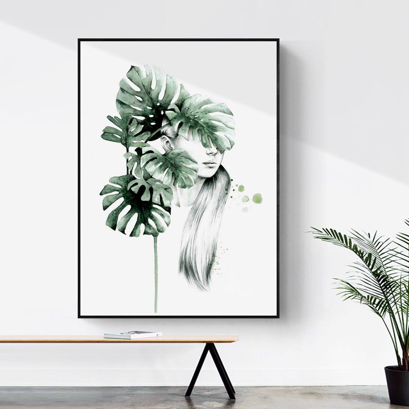 Textured Figure and Botanical Painting Canvas Glam Style Wall Art Decor for Bathroom