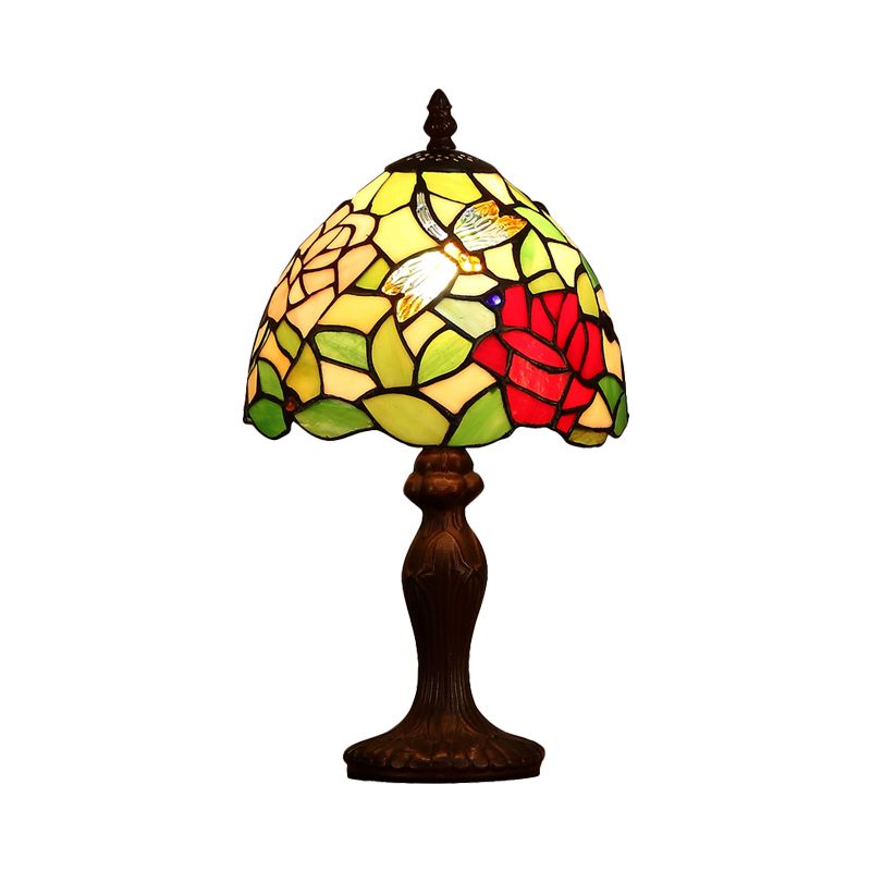 Dark Brown 1 Bulb Night Light Victorian Stained Glass Dragonfly and Rose Patterned Table Lamp