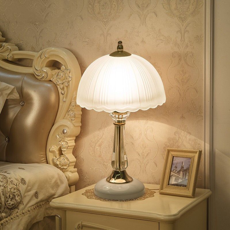 Frosted White Glass Scalloped Table Lamp Modern 1 Head Gold Night Light for Bedroom