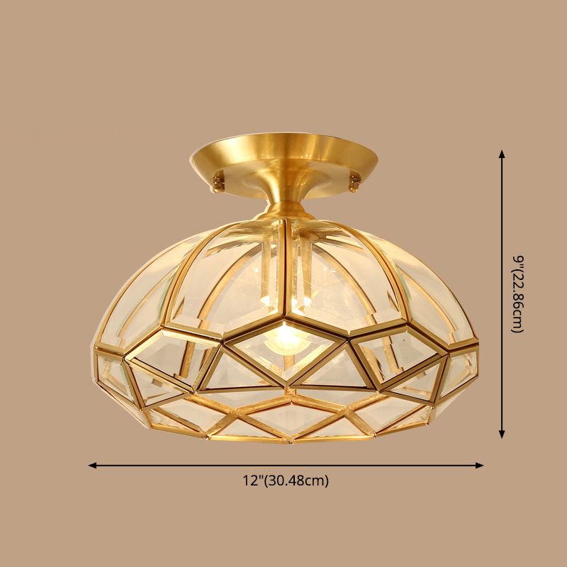 Colonial Style Bowl Ceiling Lighting 1-Light Clear Glass Semi Flush Mount Light in Brass