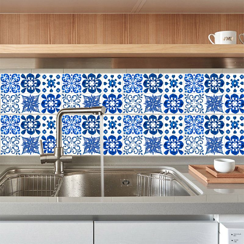 Hand-Painted Floral Tiles Wallpapers for Kitchen 7.8-sq ft Peel off Wall Covering in Blue, 18 Pcs