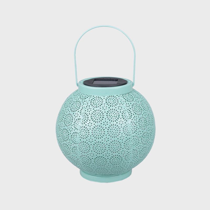 Sphere Hollowed Out Solar Table Lamp Simple Stylish Metal Garden LED Ground Light with Handle in Green