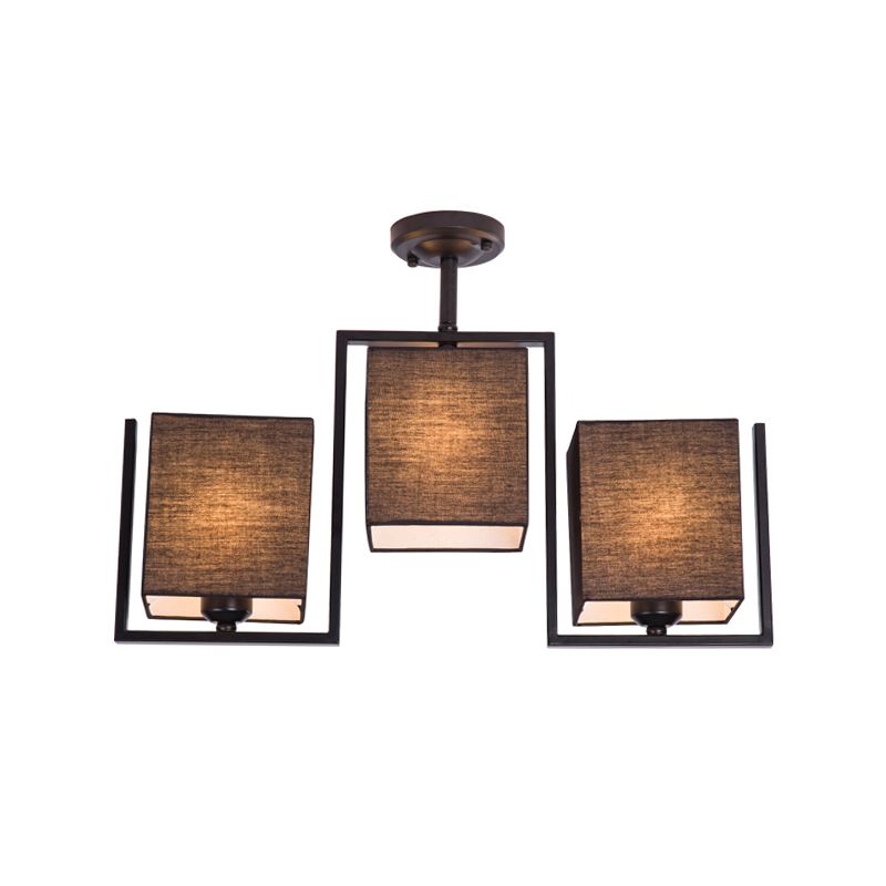 White/Black Cuboid Semi Flush Light Fixture Modernist 3 Bulbs Fabric Ceiling Mounted Lamp