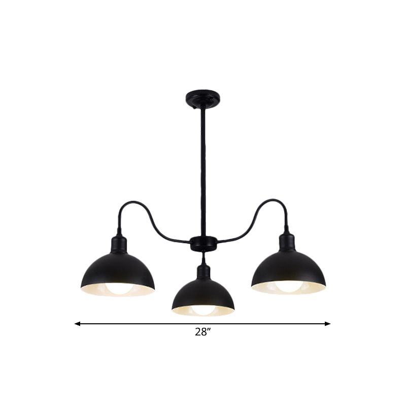 Black Finish 3 Heads Chandelier Pendant Retro Style Metal Dome Shade Hanging Light with Gooseneck Arm for Dining Room