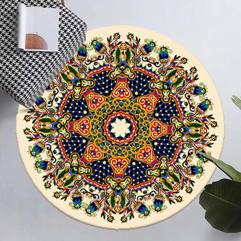 Round Moroccan Indoor Rug Polyester Floral Print Carpet Non-Slip Backing Rug for Home Decoration