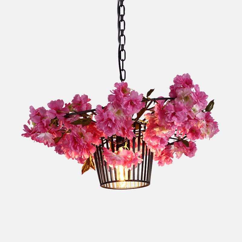 18"/23.5" W 1 Light Suspension Pendant Light Industrial Cage Metal Ceiling Hang Fixture in Black with Cherry Blossom