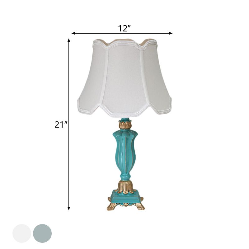 White/Blue Flared Shade Night Table Lamp Traditional Style Fabric 1-Head Bedroom Desk Light