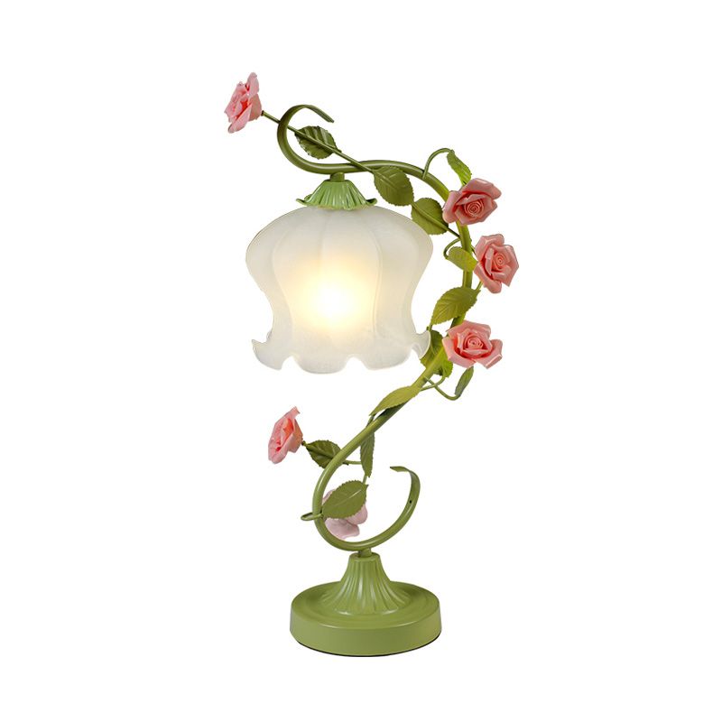 1 Bulb Floral Table Lamp Traditional White/Green Frosted White Glass Night Light for Living Room