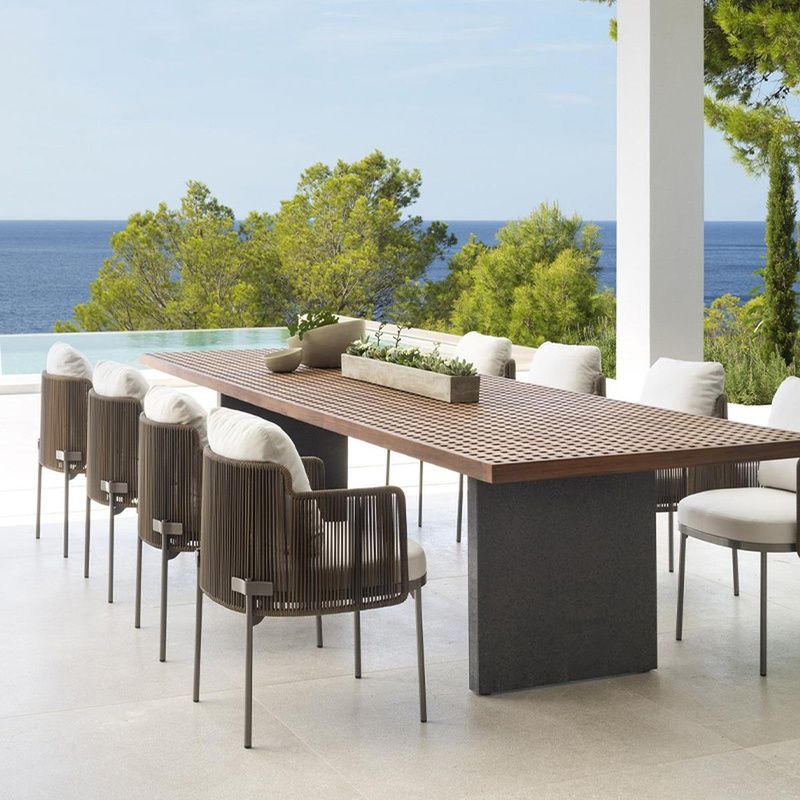 Modern Outdoor Dining Table Stone/Wood Patio Table with Metal Frame