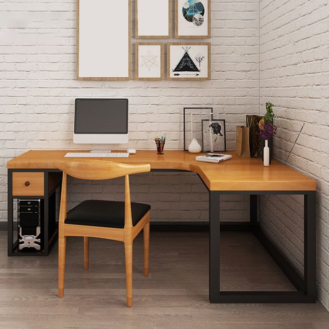 Solid Wood Computer Desk Industrial Style L-Shape Office Desk with Storage and Drawer